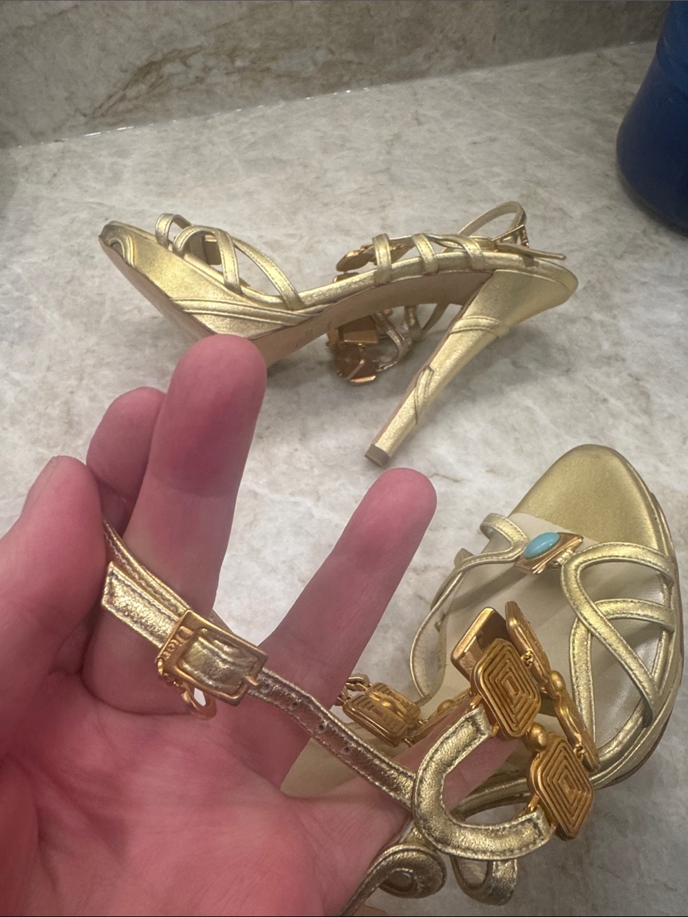 Dior Gold Strappy Heels with Turquoise Stone Accents - Picture 9 of 11
